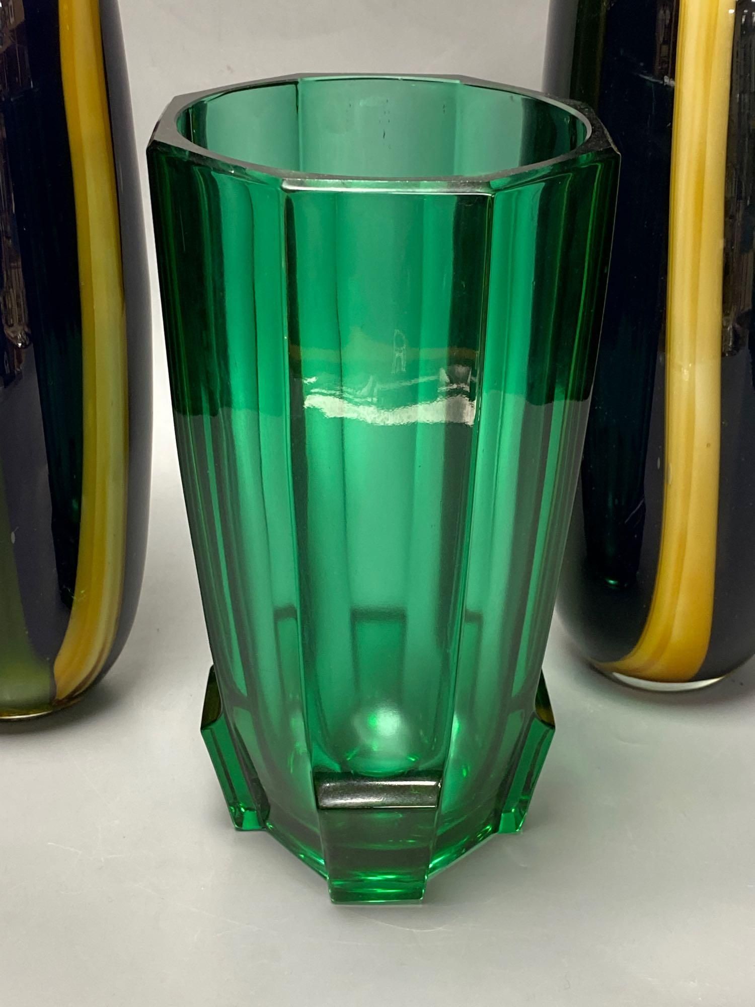 A pair of tall Art glass vases, 33cm, an angular green glass vase, 25cm and a Glory Art glass vase, 13cm